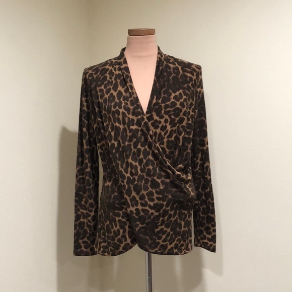 1.State Knit Top Size Medium Brown Leopard Print Twist Wrapped Front - Picture 2 of 10